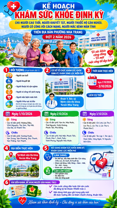 Kế hoạch Khám sức khỏe định kỳ cho người cao tuổi, người khuyết tật, người thuộc hộ cận nghèo, người có công với cách mạng, người mắc bệnh mãn tính trên địa bàn phường Nha Trang đợt 2 năm 2026.